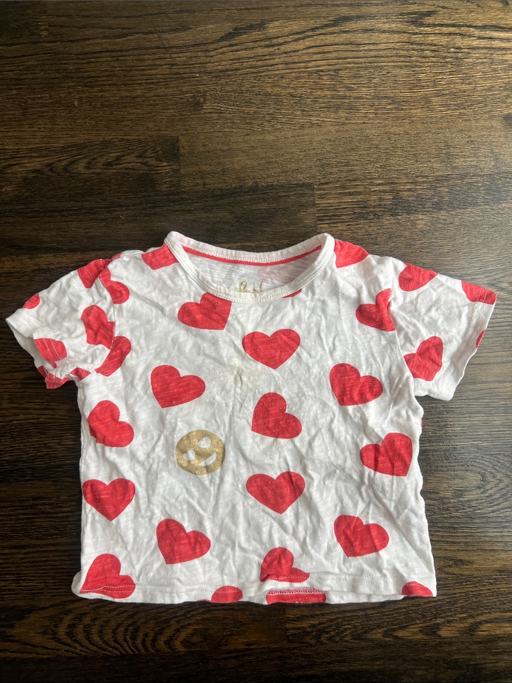 Mini Boden Girls’ White Tee Emoji Gold Smiley Face Red Heart Print | 4-5Y